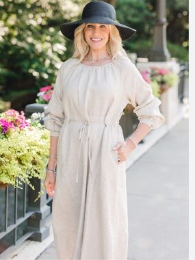 Grae Cove Linen Midi Dress Cinch Waist Oatmeal XXL Natural Fiber Bump Friendly